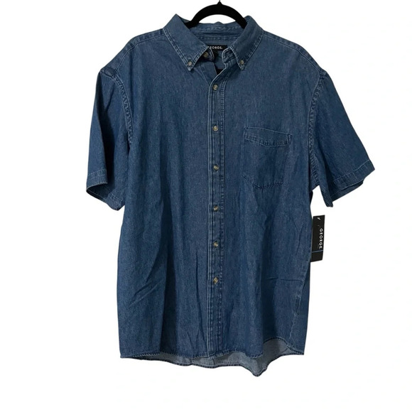 Dead-stock 1990s George Short Sleeve Solid Denim Dress Shirt Size Large - Picture 1 of 8